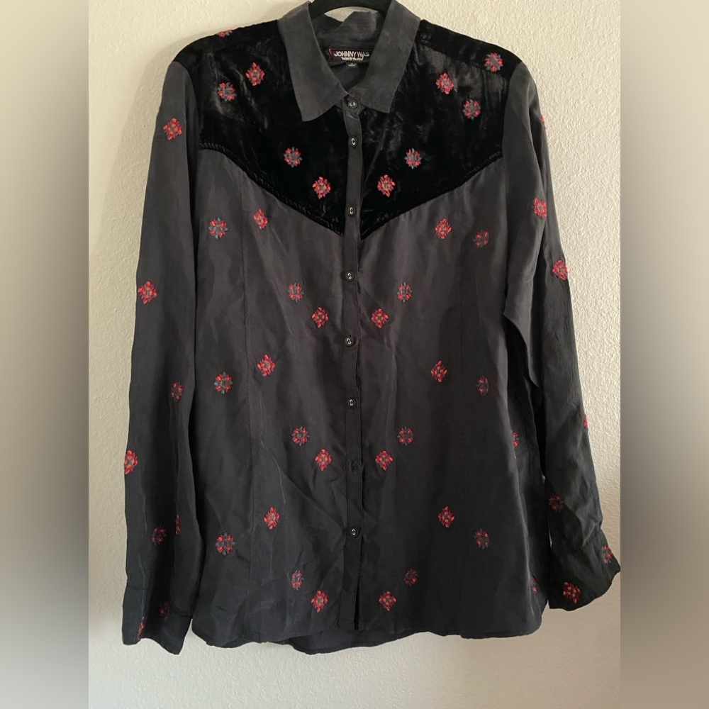 Johnny Was Black Button-Up Blouse with Red Embroidered Accents